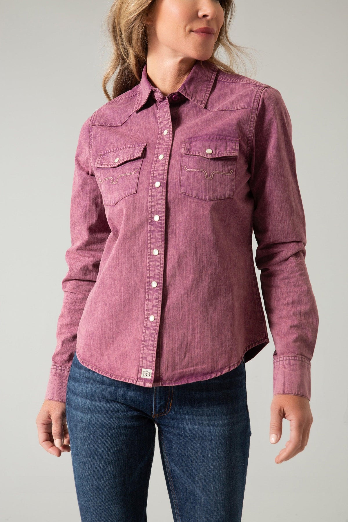 Kimes Ranch Kaycee Denim Top in Od Wine with long sleeves and chest pockets featuring the Kimes Ranch logo