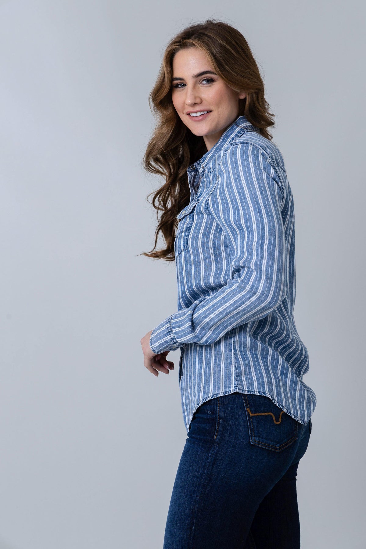 Kimes Ranch KC Tencel Stripe dress shirt in Multi Stripe, side view, with long sleeves and a button front