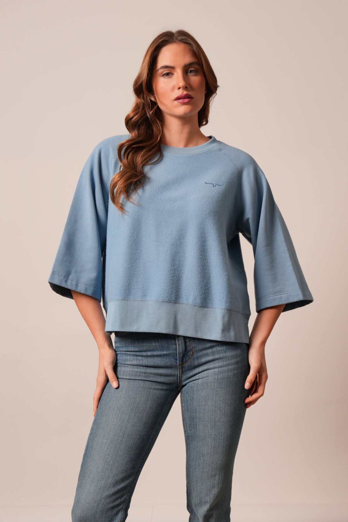 Kimes Ranch Addy Sweatshirt in Faded Denim, cropped silhouette with wide kimono sleeves and Kimes Ranch logo on chest