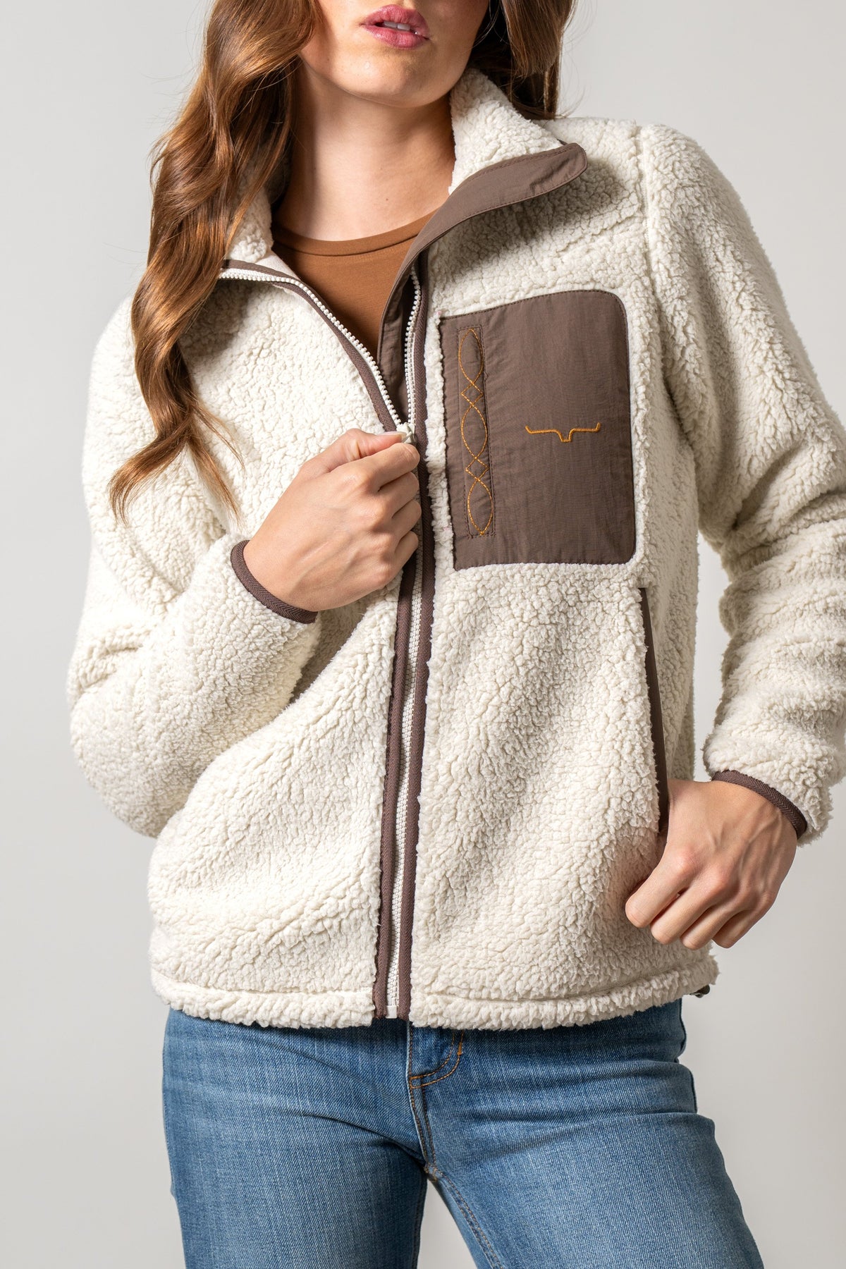 Kimes Ranch Arlee Natural long sleeve sherpa sweatshirt with brown yoke and pocket detail