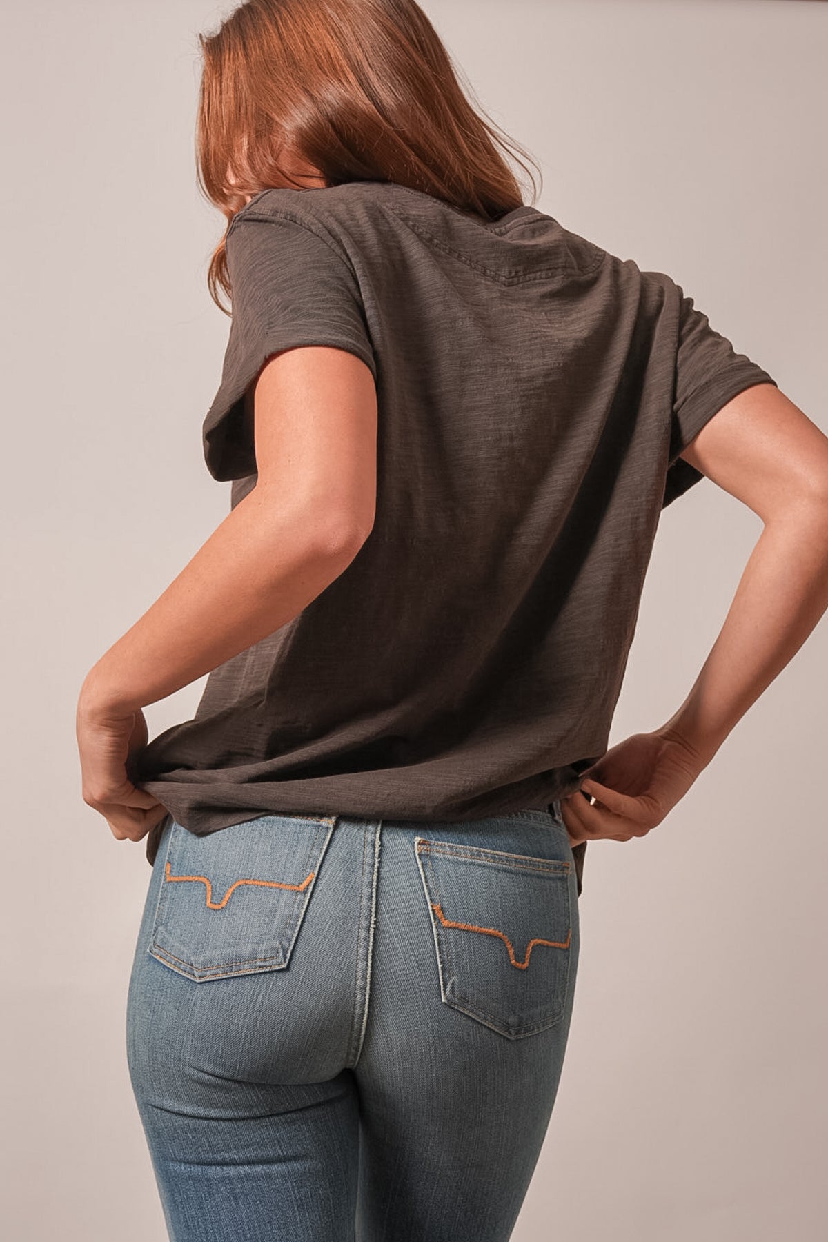 Kimes Ranch Ashley shirt in Espresso with short sleeves and a crew back