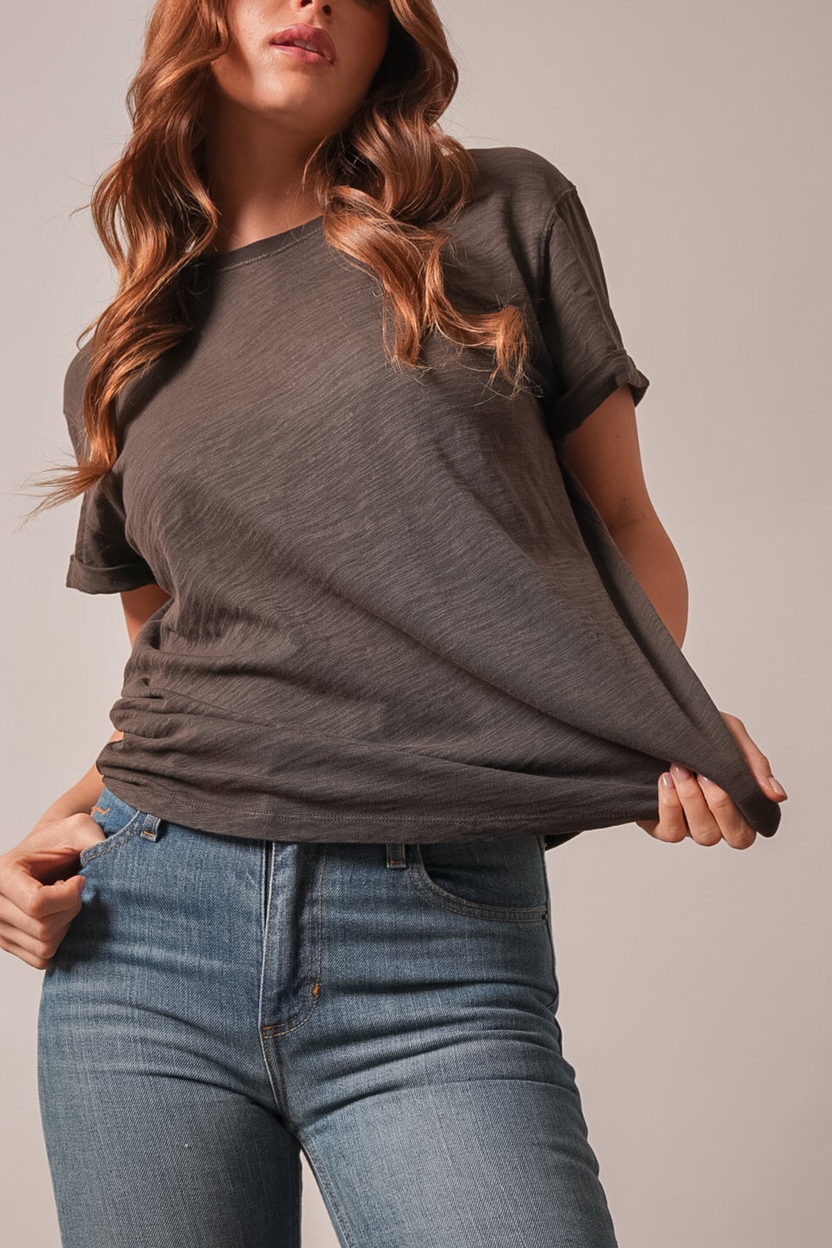 Kimes Ranch Ashley Shirt in Espresso with short rolled sleeves, crew neckline, and relaxed fit