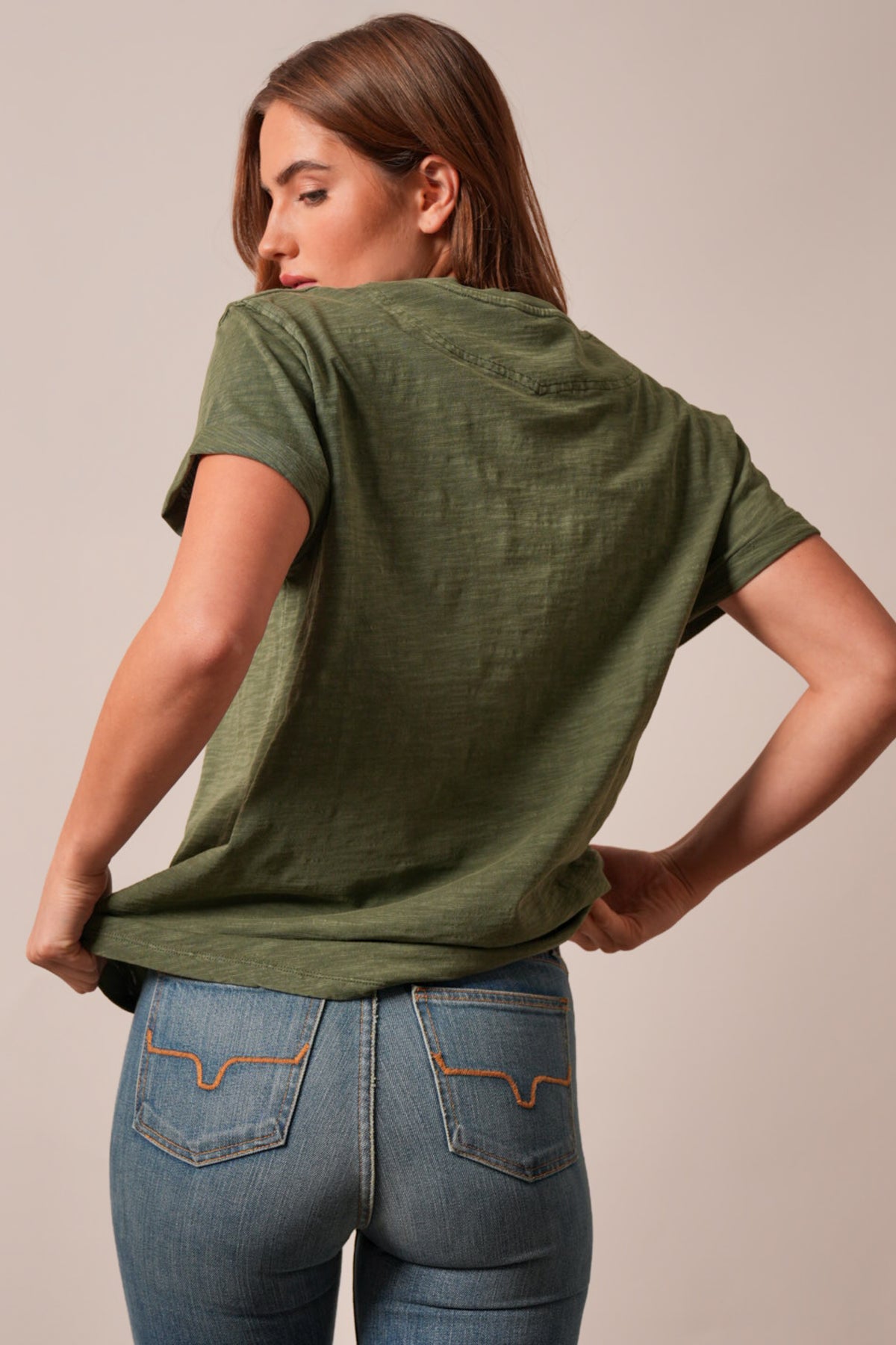 Kimes Ranch Ashley shirt in moss, short-sleeved tee with back yoke