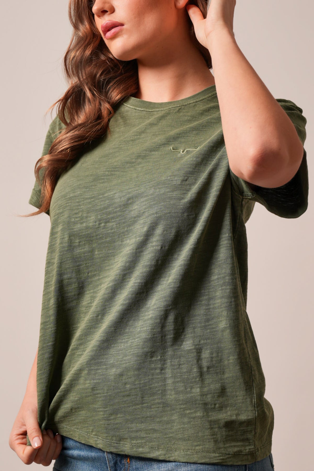 Kimes Ranch Ashley Moss t-shirt featuring short sleeves and the Kimes Ranch logo on the chest