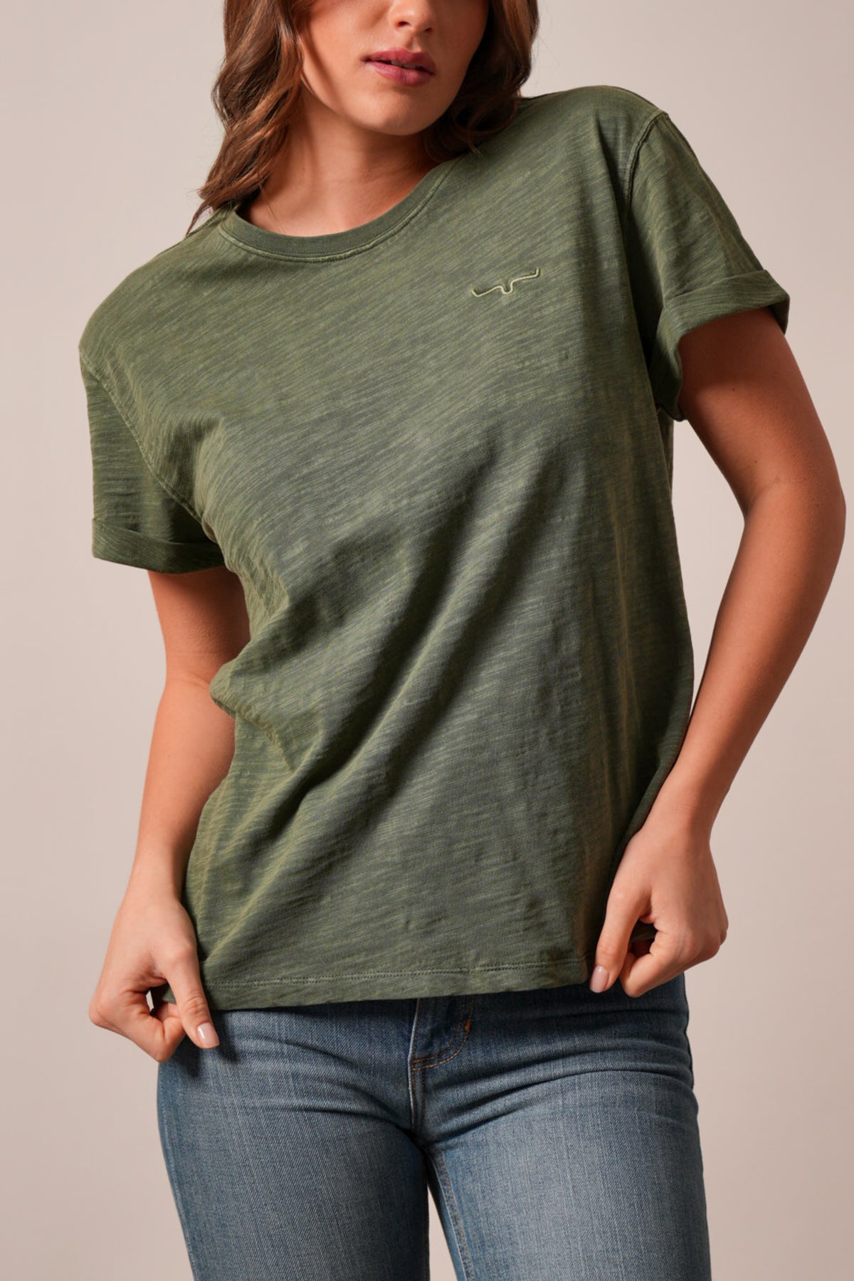 Kimes Ranch Ashley Moss shirt with short sleeves, crew neck, and embroidered logo