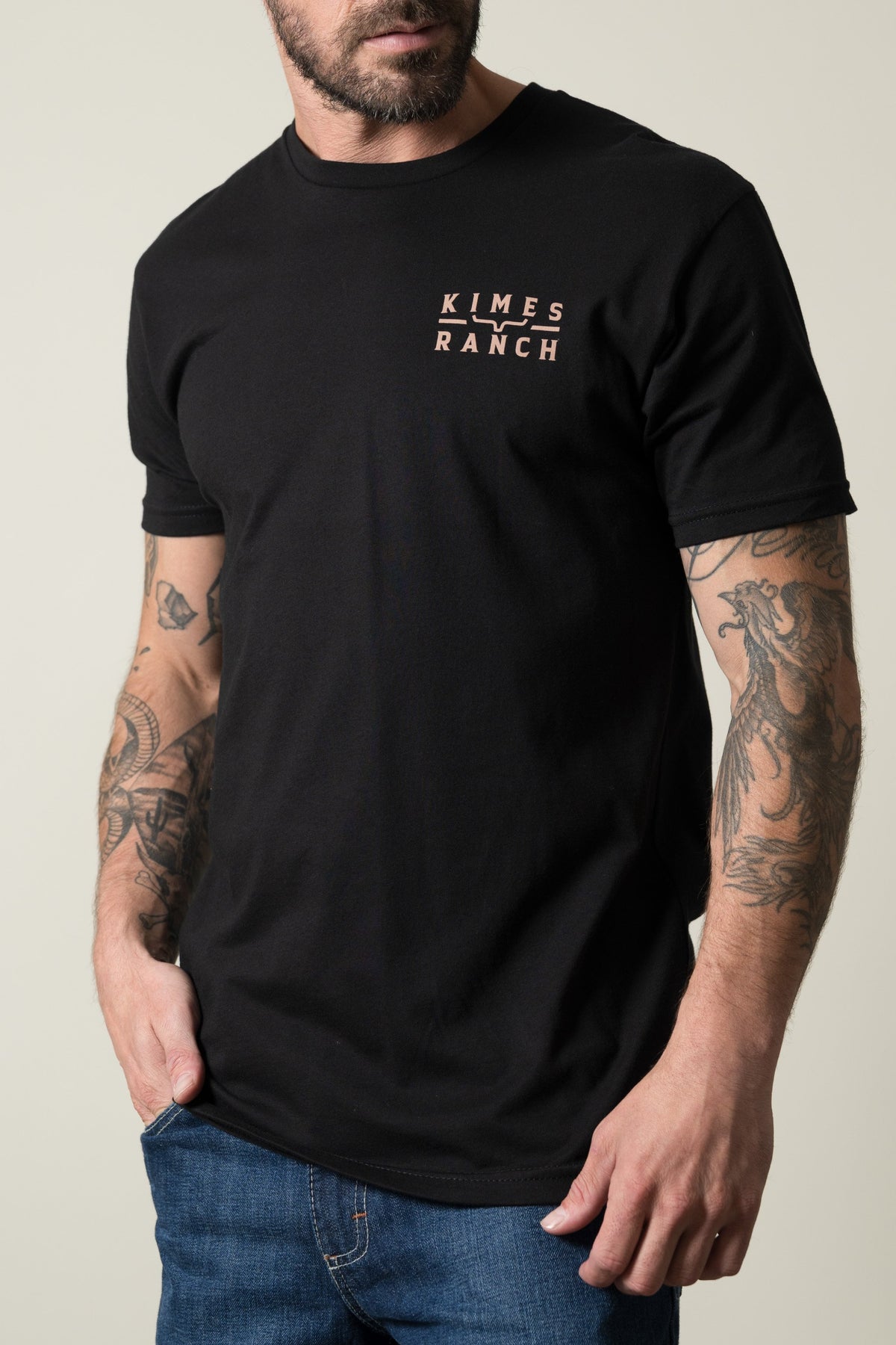 Kimes Ranch Back Branded short sleeve t-shirt in black with a small logo graphic on the left chest area