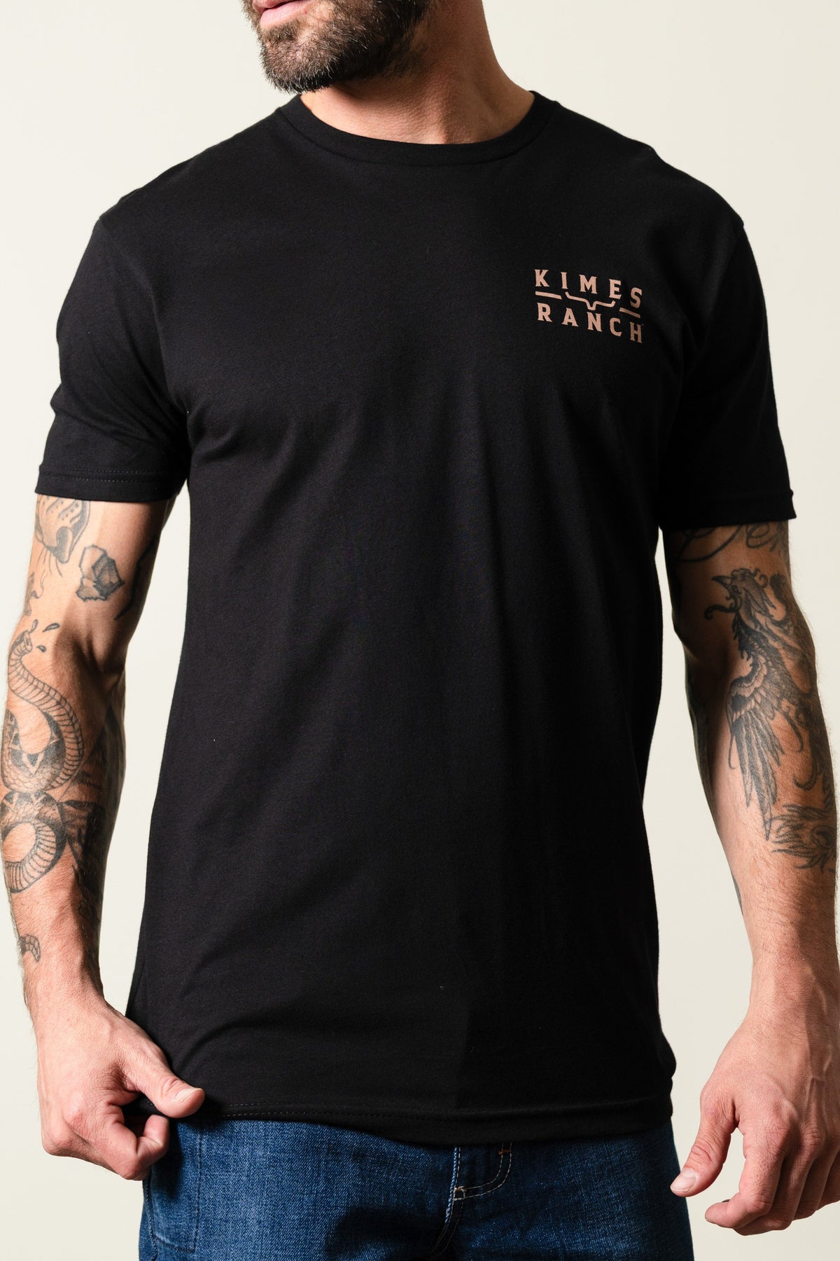 Kimes Ranch Back Branded short sleeve crew neck shirt in black with logo at left chest