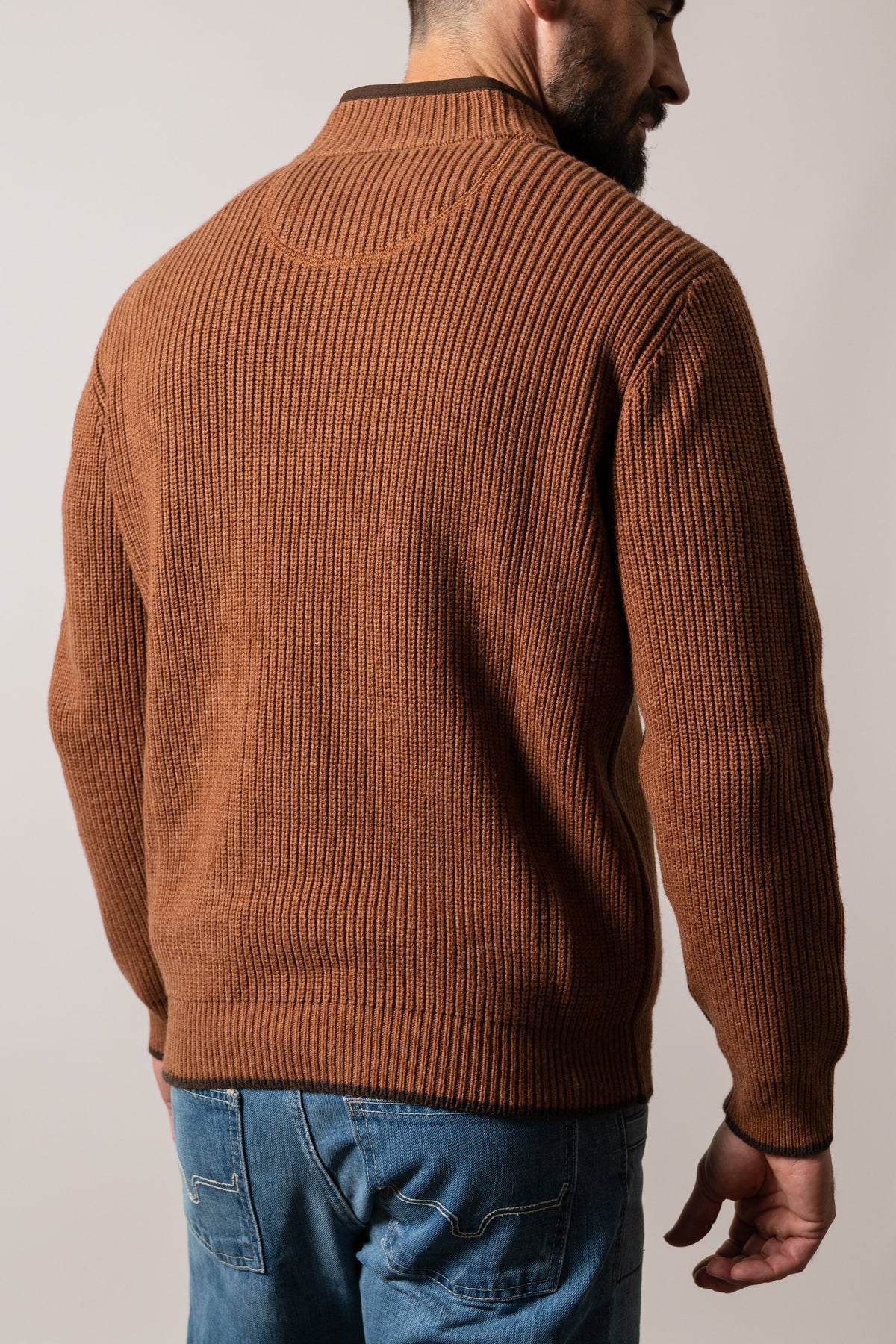 Kimes Ranch Barton sweatshirt, brown, ribbed knit, back view, long sleeves