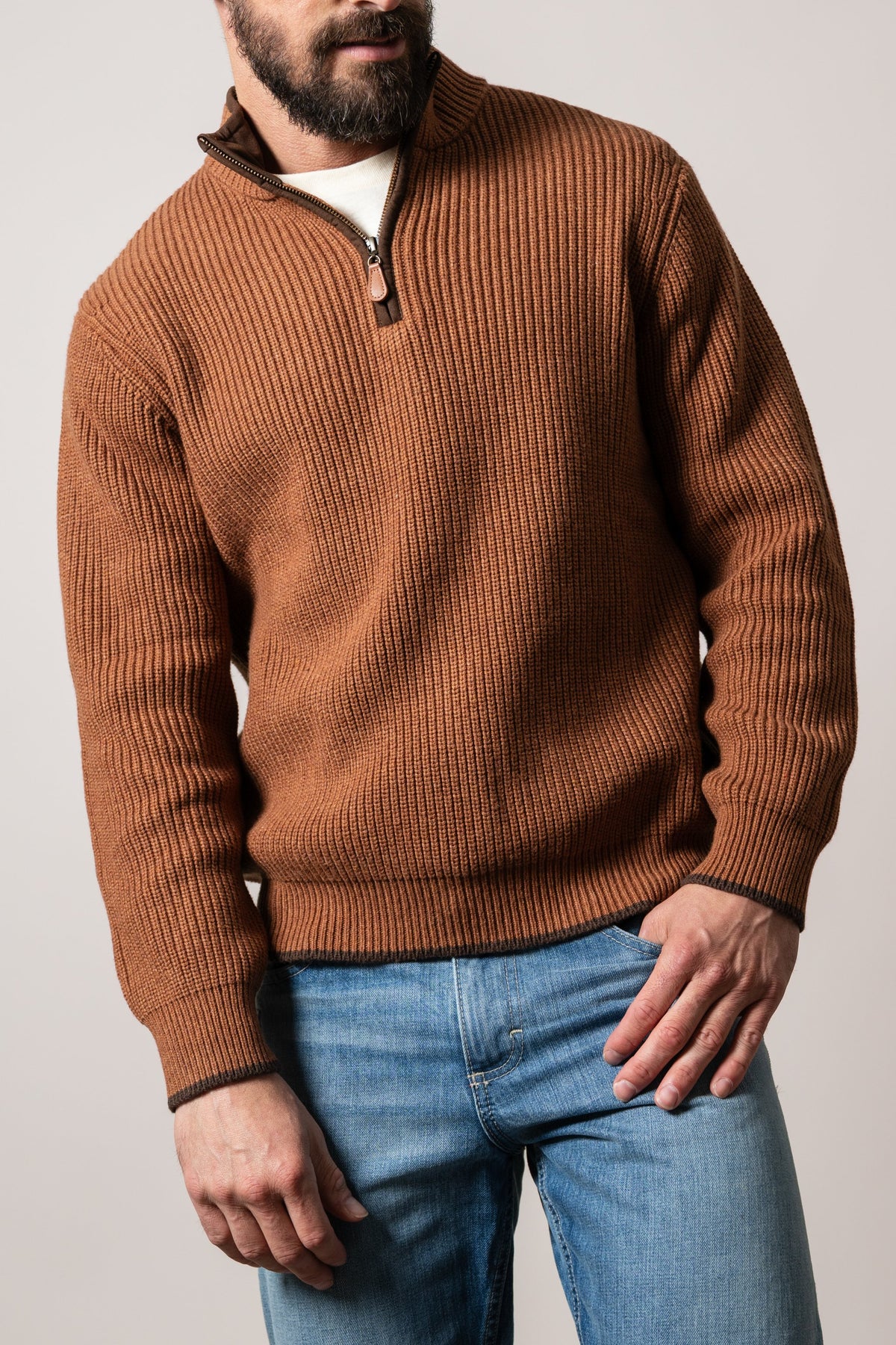 Kimes Ranch Barton Sweatshirt, a brown ribbed knit half-zip with long sleeves