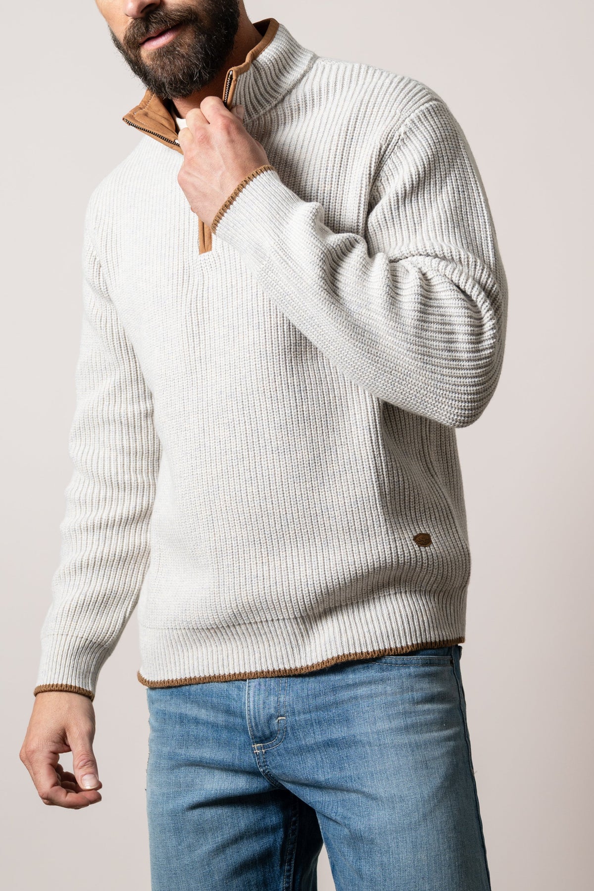 Kimes Ranch Barton sweatshirt in natural rib knit with brown corduroy quarter-zip collar trim