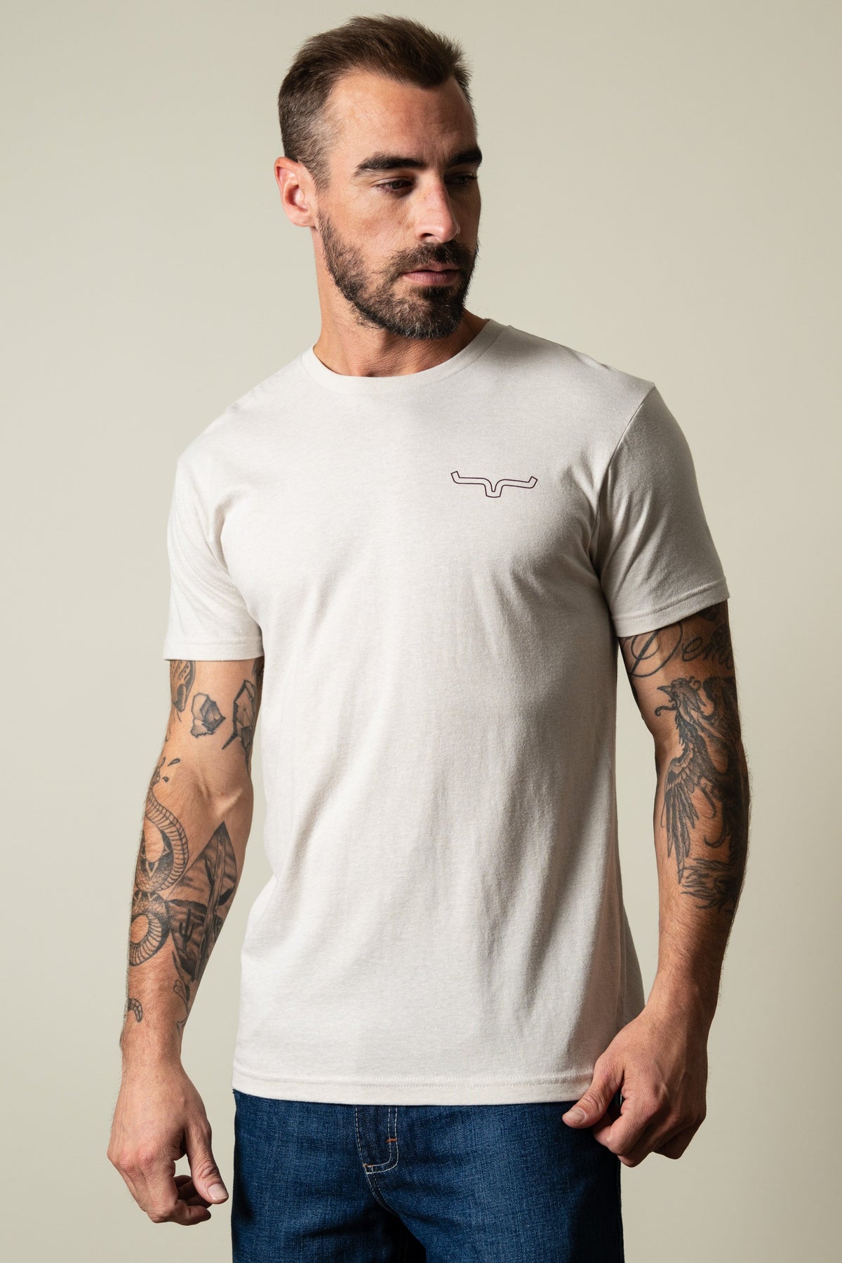 Kimes Ranch Camo Back short sleeve crew neck t-shirt in sand with embroidered Kimes Ranch logo at left chest