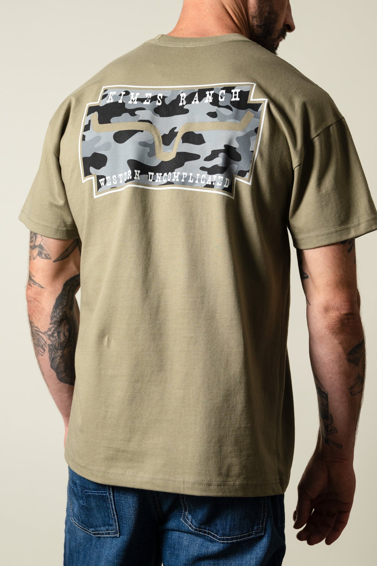 Kimes Ranch Camo Crest shirt, Light Olive, short sleeve tee featuring large back graphic with logo