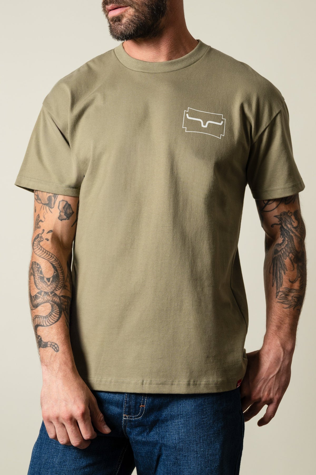 Kimes Ranch Camo Crest light olive short sleeve crew neck t-shirt with white Kimes Ranch logo on chest