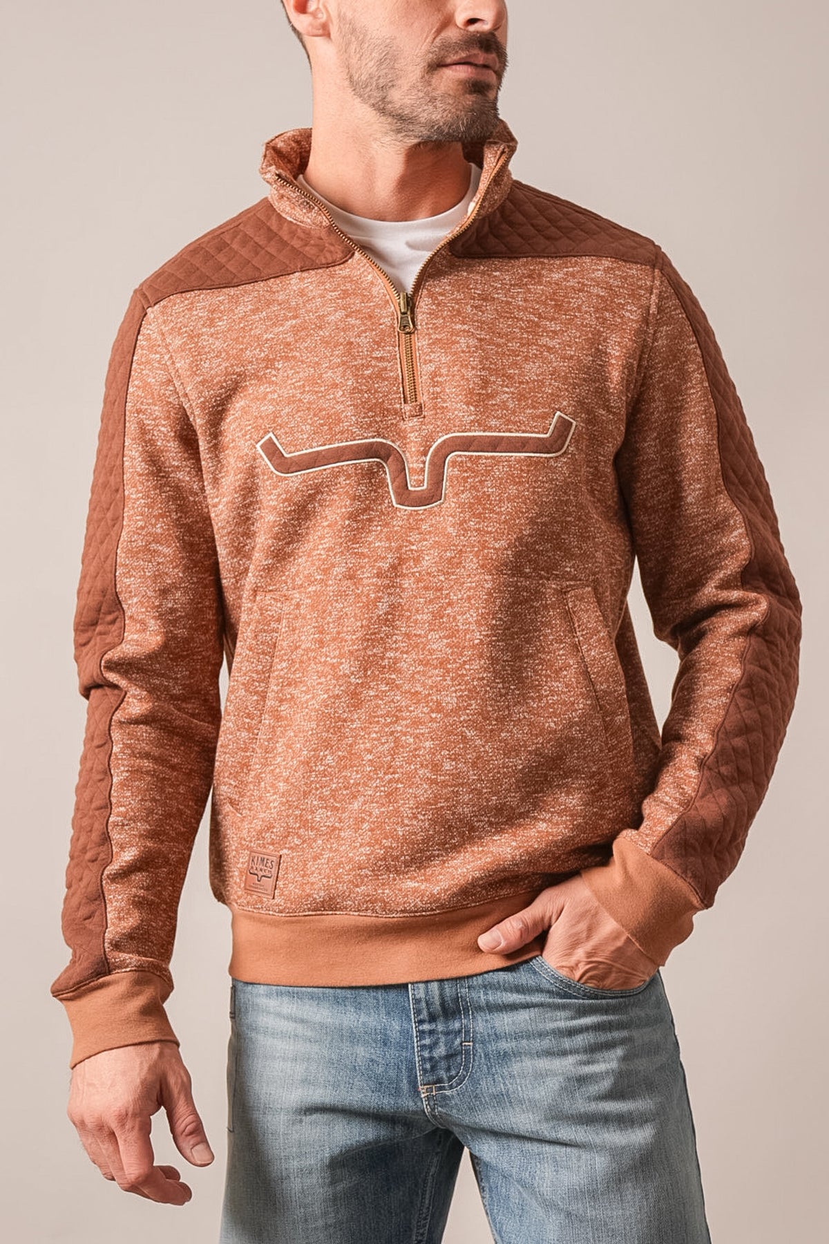 Kimes Ranch Canfield long sleeve sweatshirt in brown heather with quarter zip and kangaroo pocket