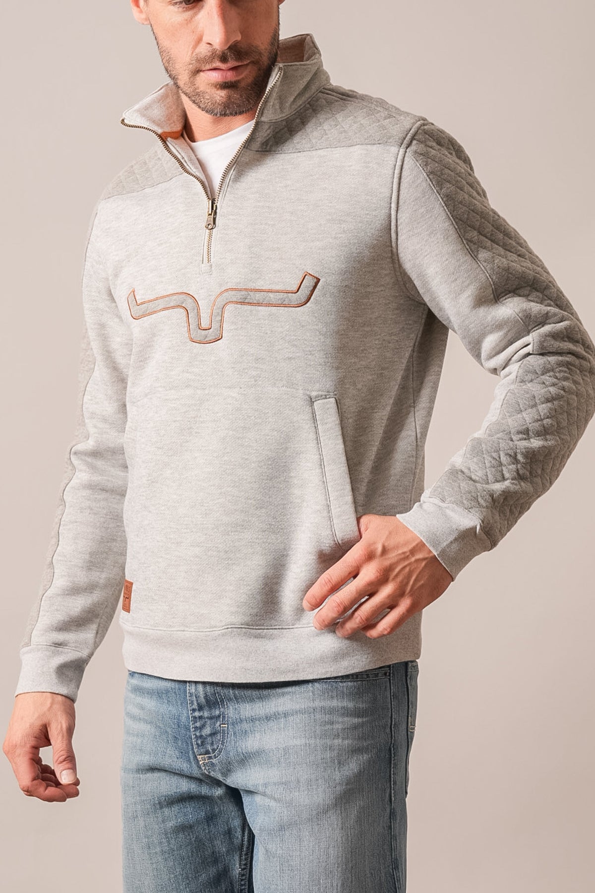 Kimes Ranch Canfield Grey Heather sweatshirt with Kimes Ranch logo, half zip, quilted sleeves, kangaroo pocket