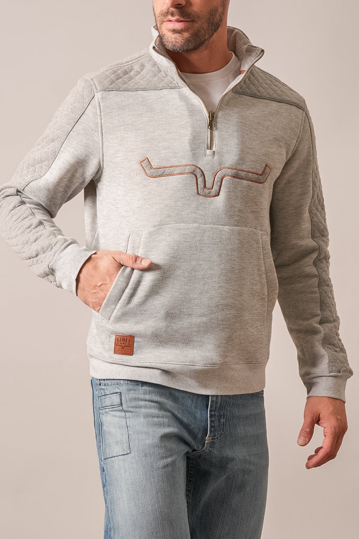 Kimes Ranch Canfield grey heather sweatshirt with quilted shoulders, kangaroo pocket, and embroidered logo