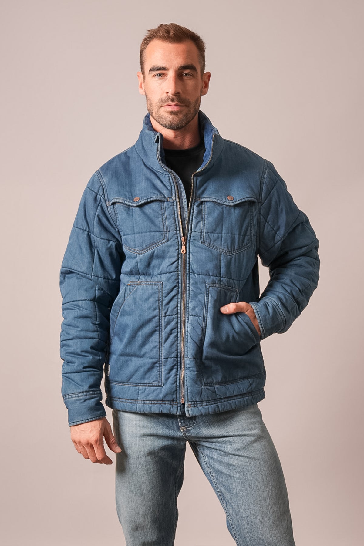 Kimes Ranch Colt jacket, indigo quilted denim with stand collar, zip closure, flap pockets, long sleeves