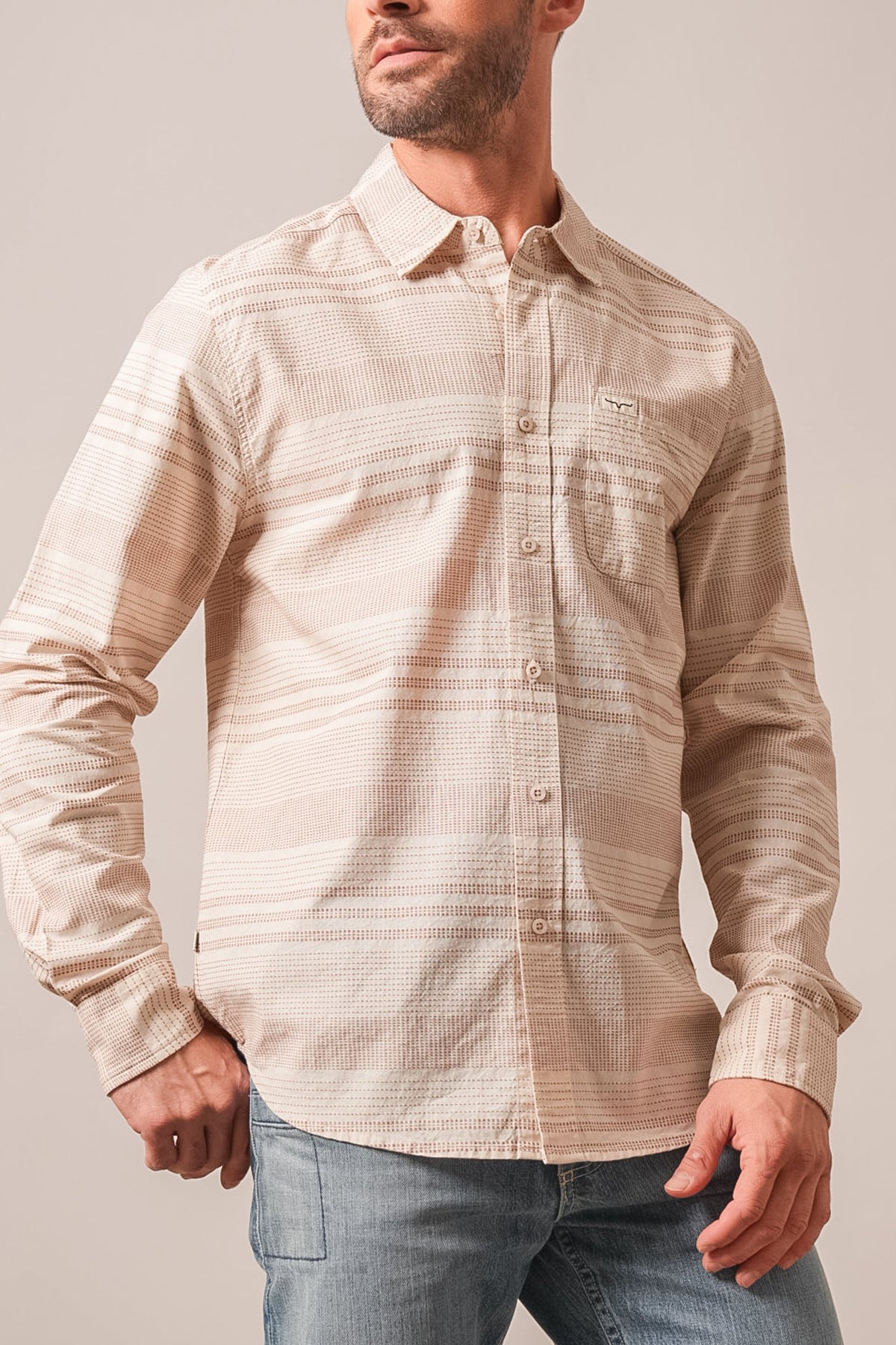 Kimes Ranch Dash long sleeve button-up dress shirt in natural with striped pattern and single chest pocket