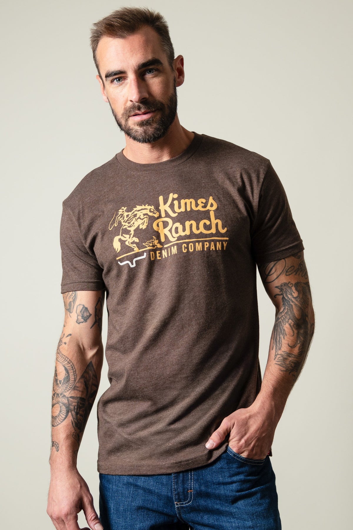 Kimes Ranch Davona Dale Espresso t-shirt with front Kimes Ranch Denim Company graphic