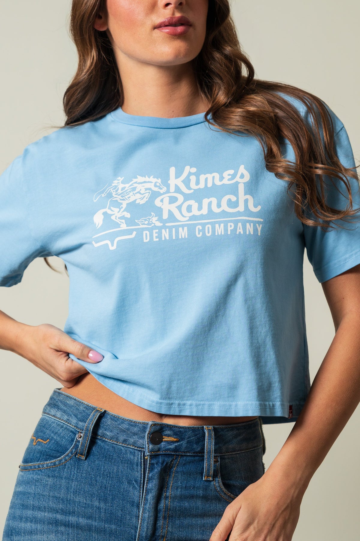 Kimes Ranch Davona Dale shirt in faded denim with a white Kimes Ranch logo print