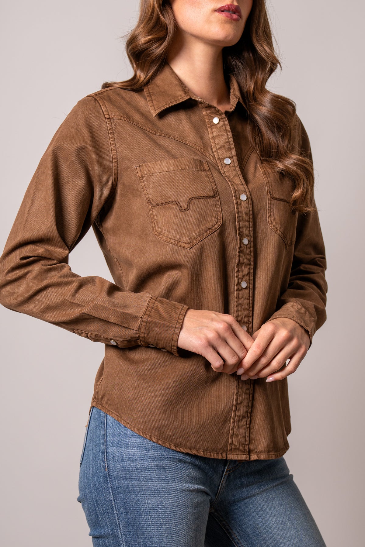 Kimes Ranch Della top in Brown, long-sleeve snap-front western shirt with pointed yokes and flap chest pockets