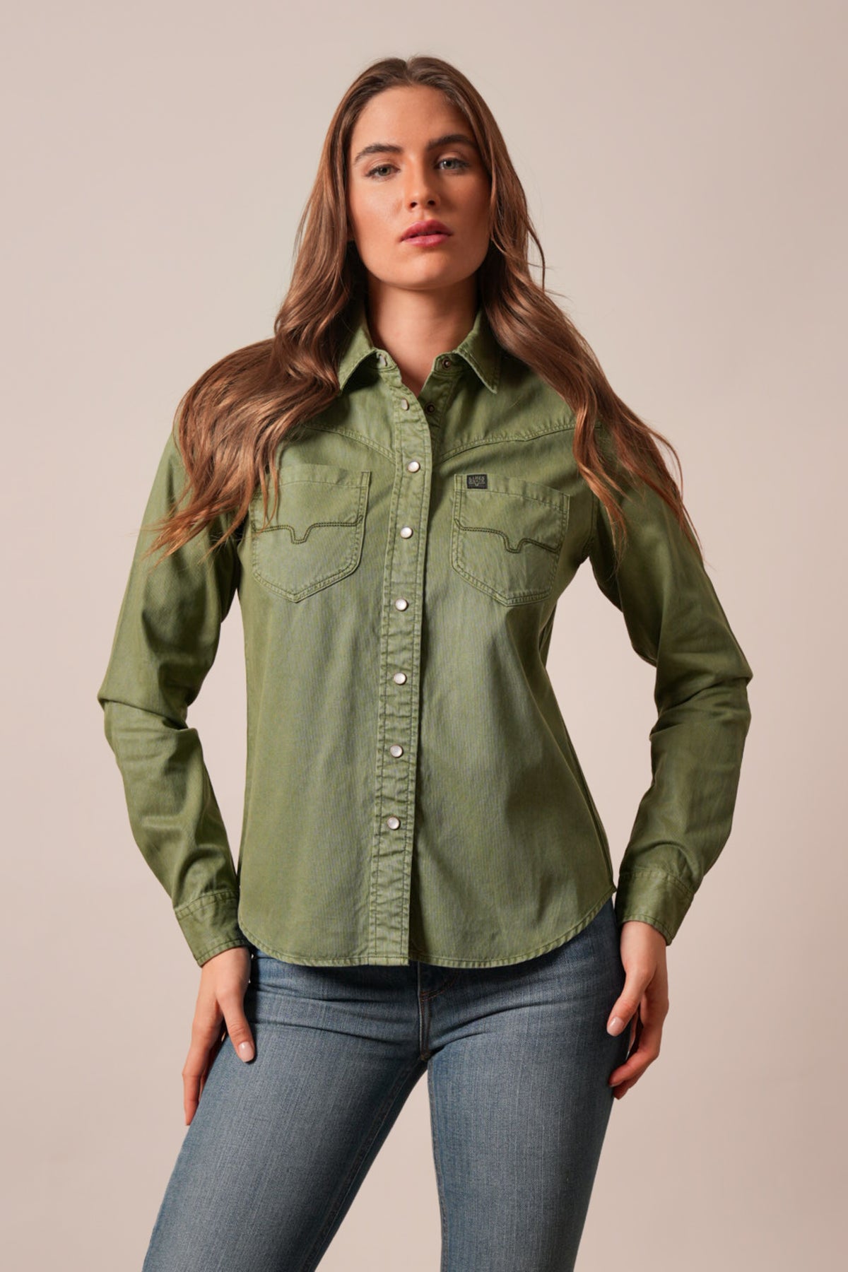 Kimes Ranch Della top in Moss, long sleeve, front button closure, two chest pockets, contrast stitching