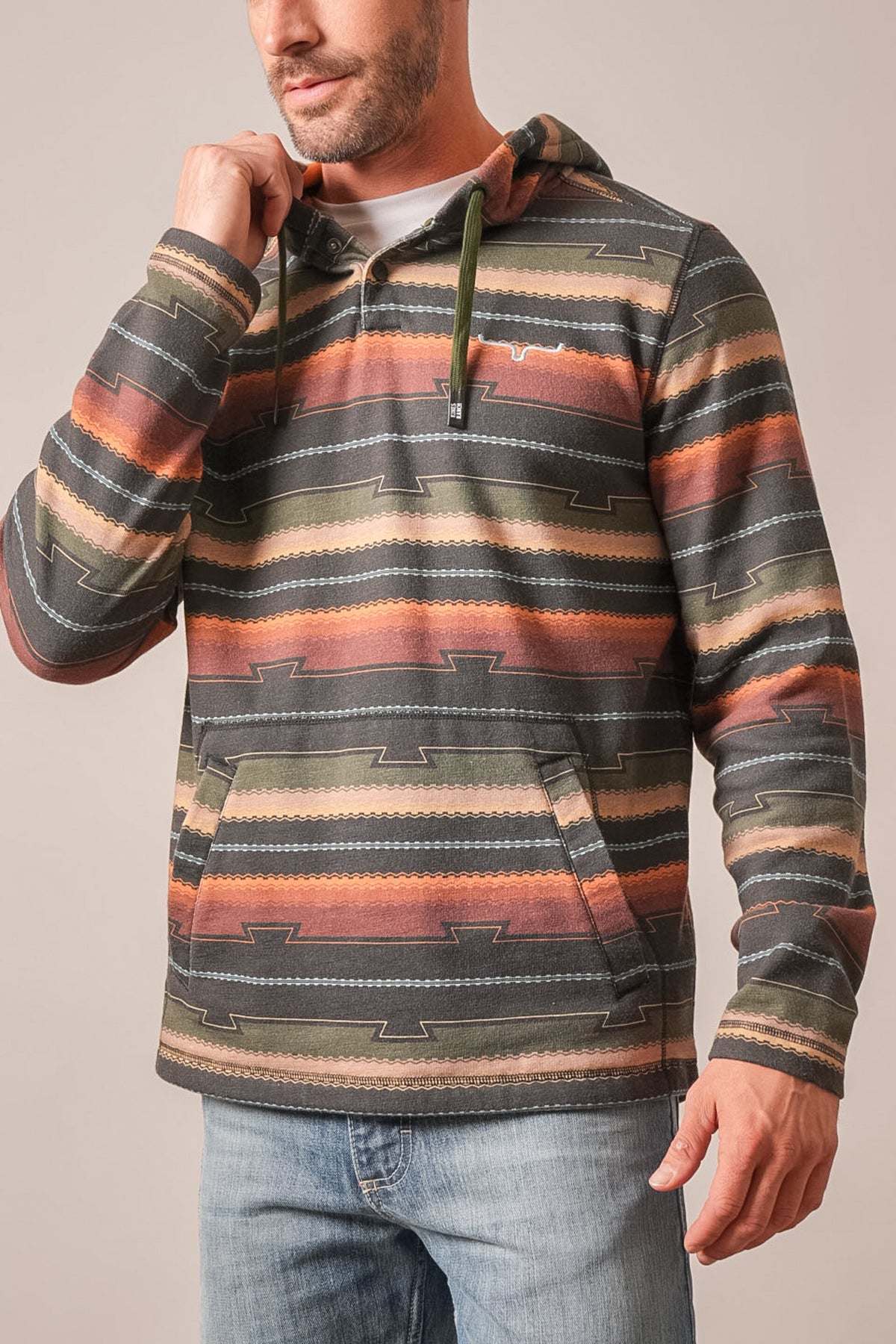 Kimes Ranch Dogwood hoodie, long sleeve, black with orange green striped pattern and front kangaroo pocket