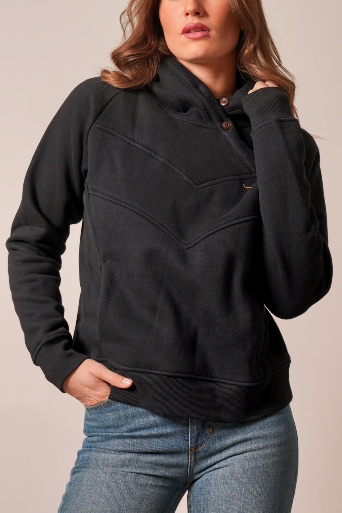 Kimes Ranch Ella hoodie, black, long sleeve, front view, showing collar and pocket