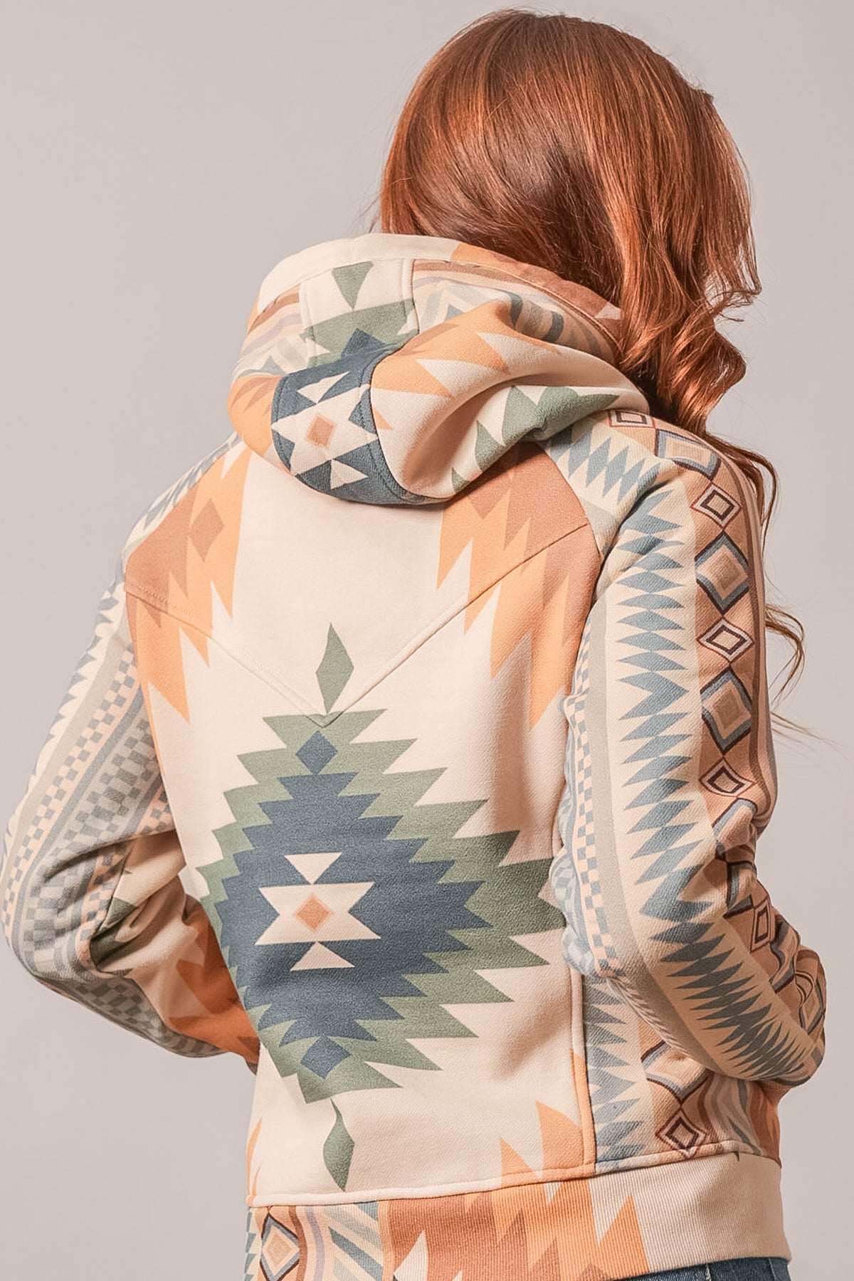 Kimes Ranch Ella hoodie back view showing geometric pattern in natural, orange, blue, and green