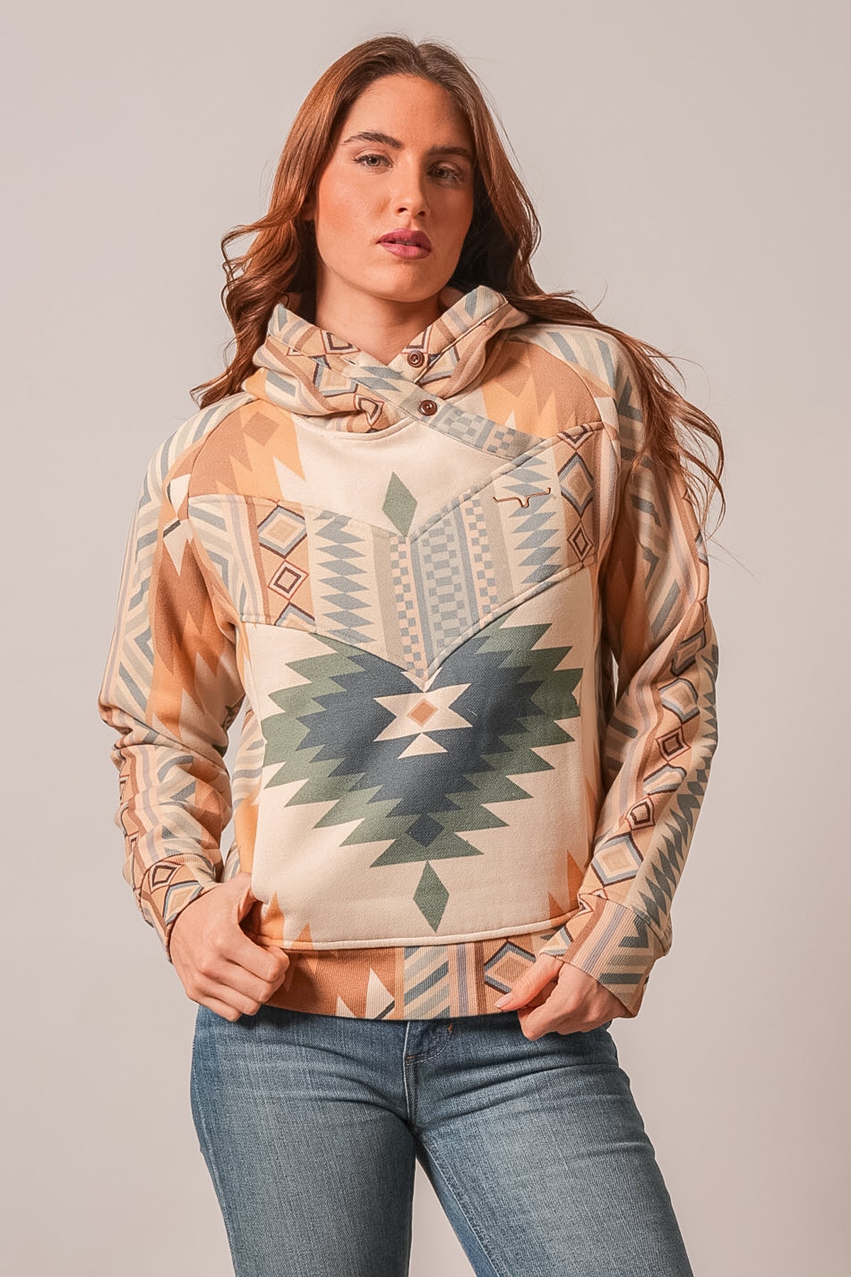 Kimes Ranch Ella hoodie in Natural with geometric aztec print and logo on chest