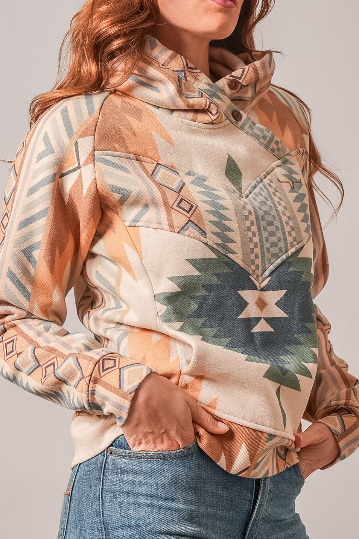 Kimes Ranch Ella hoodie in Natural with geometric aztec print and buttoned funnel neck