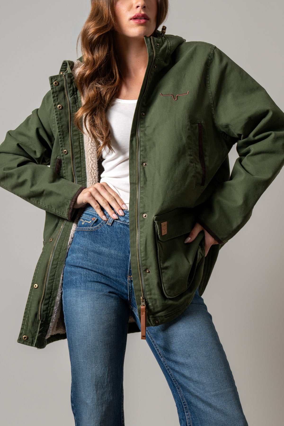 Kimes Ranch Emery Moss hooded jacket with sherpa lining, snap front, and embroidered Kimes Ranch logo