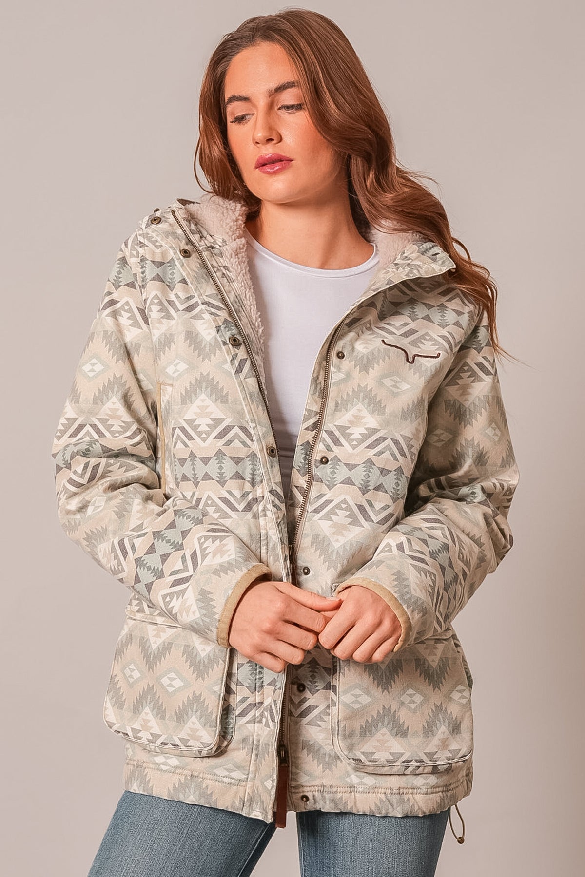 Kimes Ranch Emery Sand Jacket, geometric pattern, hood, pockets, Kimes Ranch logo