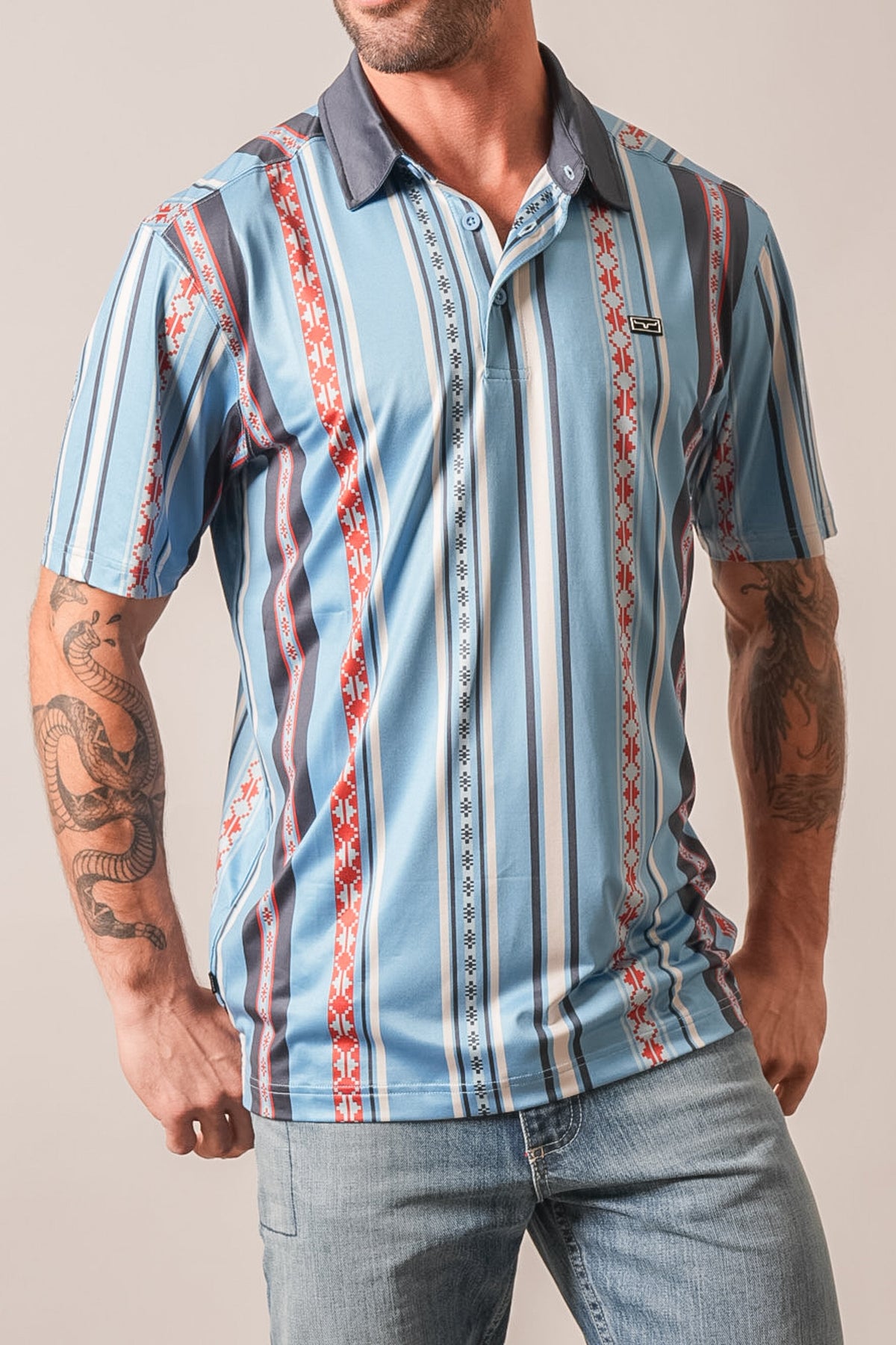 Kimes Ranch Evans polo in Mid Blue with multi-color vertical stripes and logo