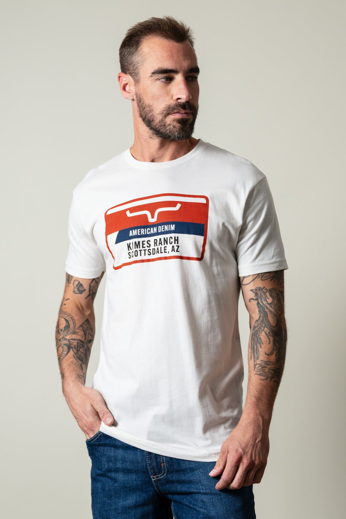 Kimes Ranch Feed Store Bone T-shirt with American Denim Scottsdale AZ
