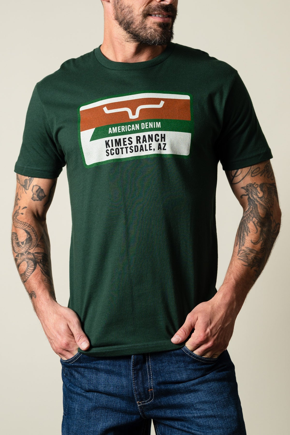 Kimes Ranch Feed Store shirt, forest, short sleeve, crew neck, featuring Kimes Ranch logo and text