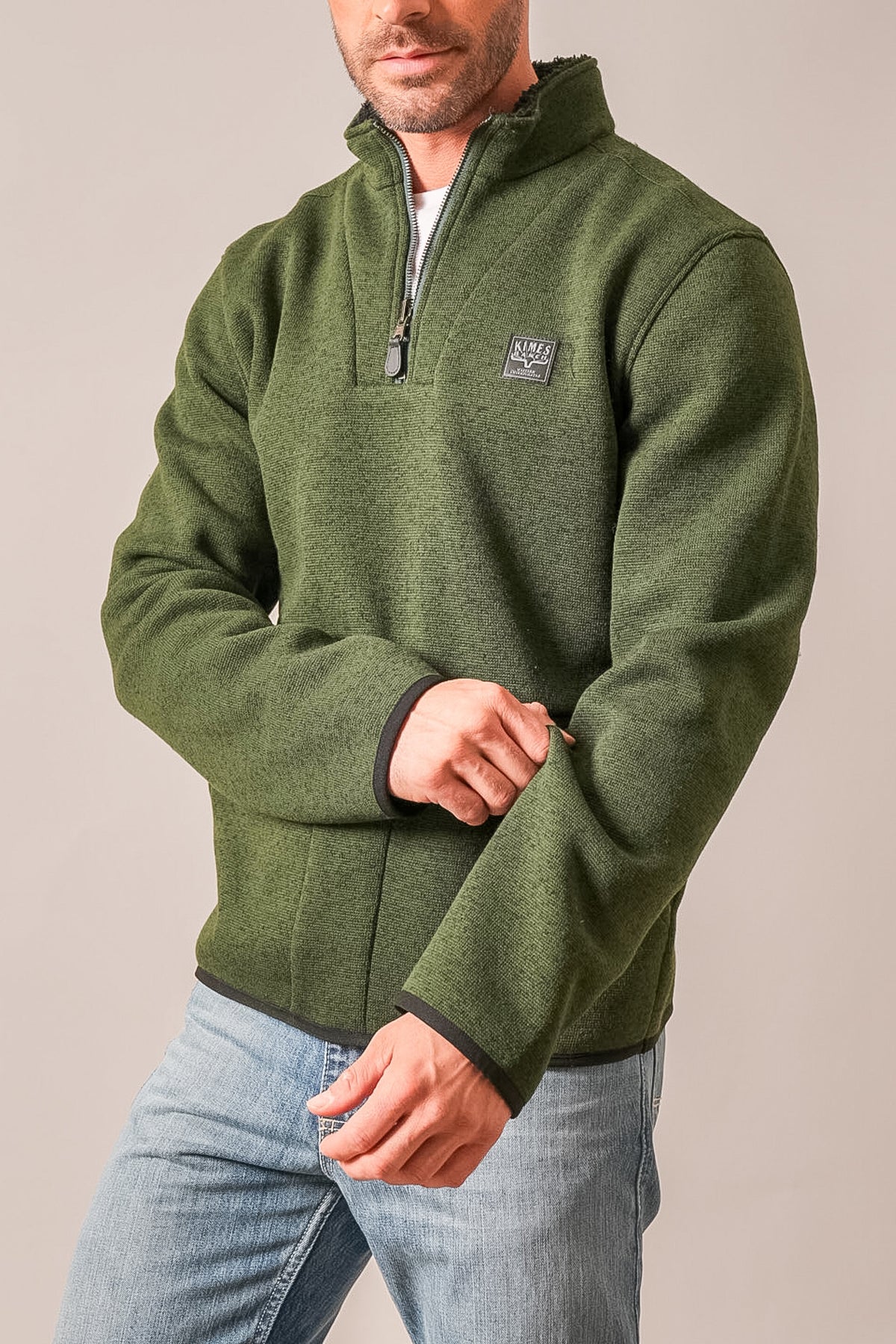 Kimes Ranch Fontana sweatshirt in Forest with a half-zip collar and Kimes Ranch logo patch