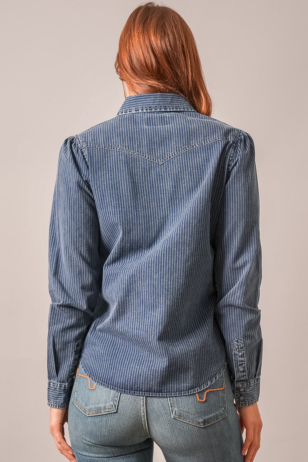 Back view of the Kimes Ranch Frankie top in indigo stripe, with yoke detail and long sleeves