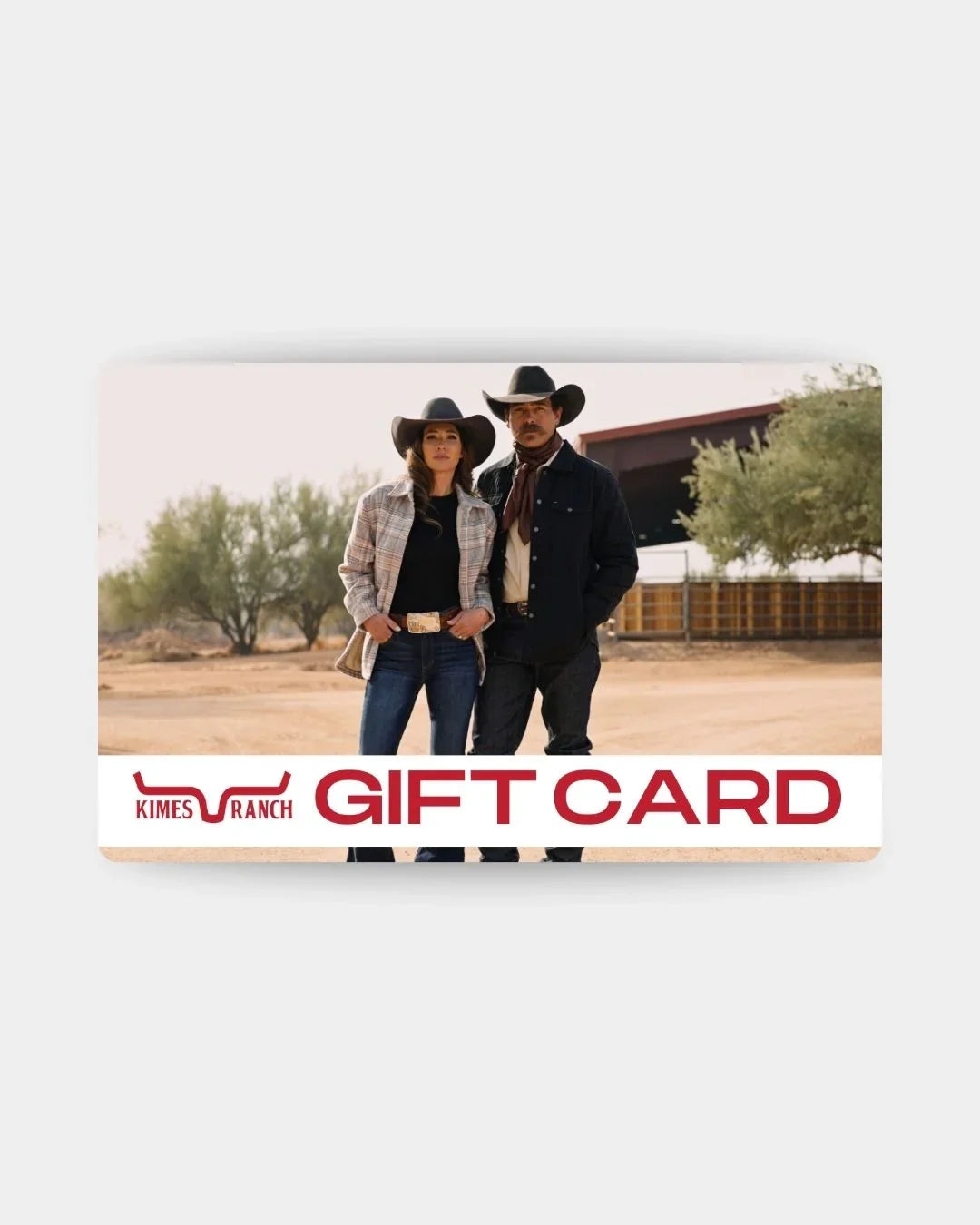 Kimes Ranch Gift Card with a couple in western wear and the brand logo