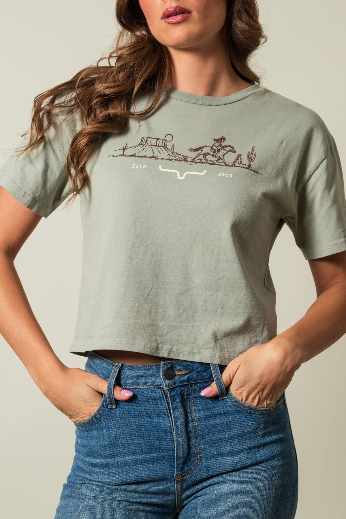Kimes Ranch Go West t-shirt in Sage with western graphic reading ESTD 2009