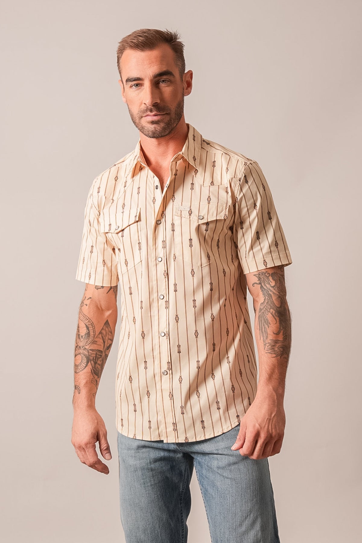 Kimes Ranch Gunner natural short sleeve dress shirt with vertical stripes and chest pockets