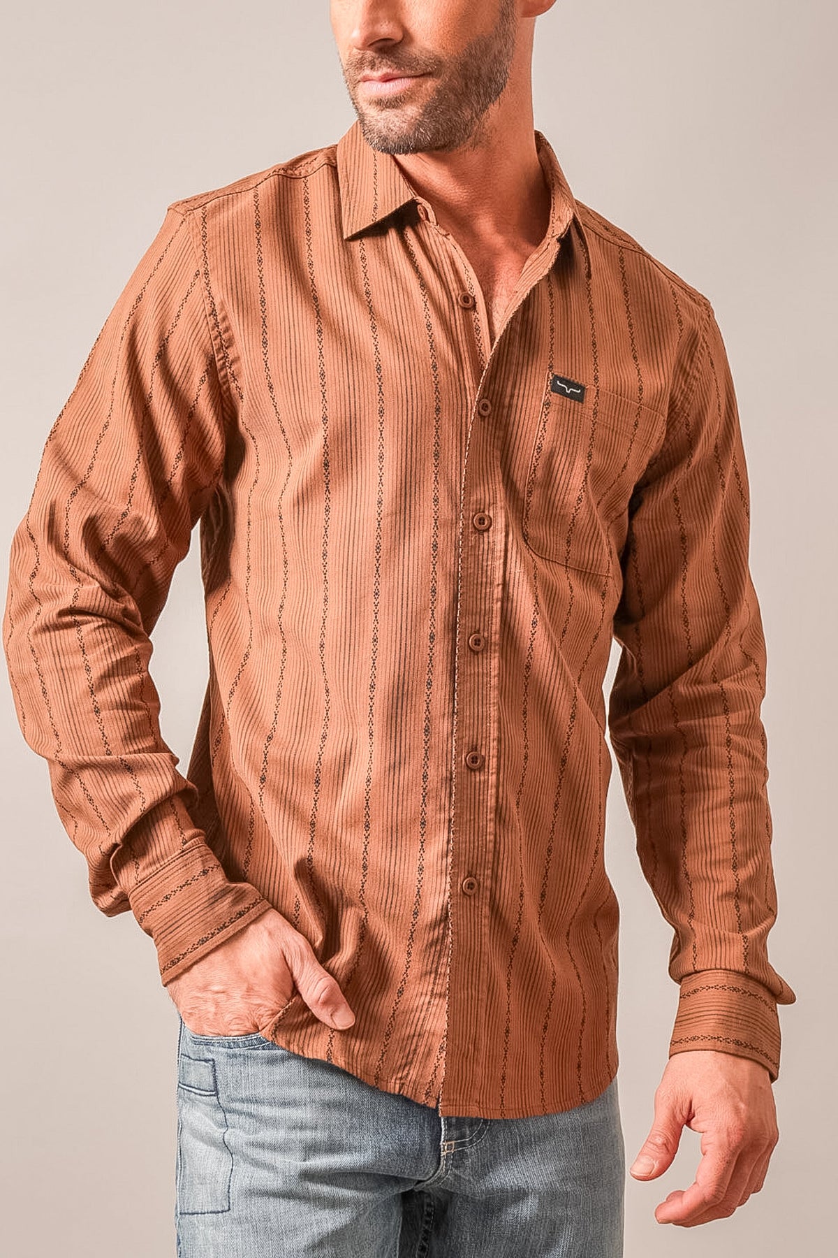 Kimes Ranch Hanover long sleeve dress shirt in brown with vertical stripes and a chest pocket with logo
