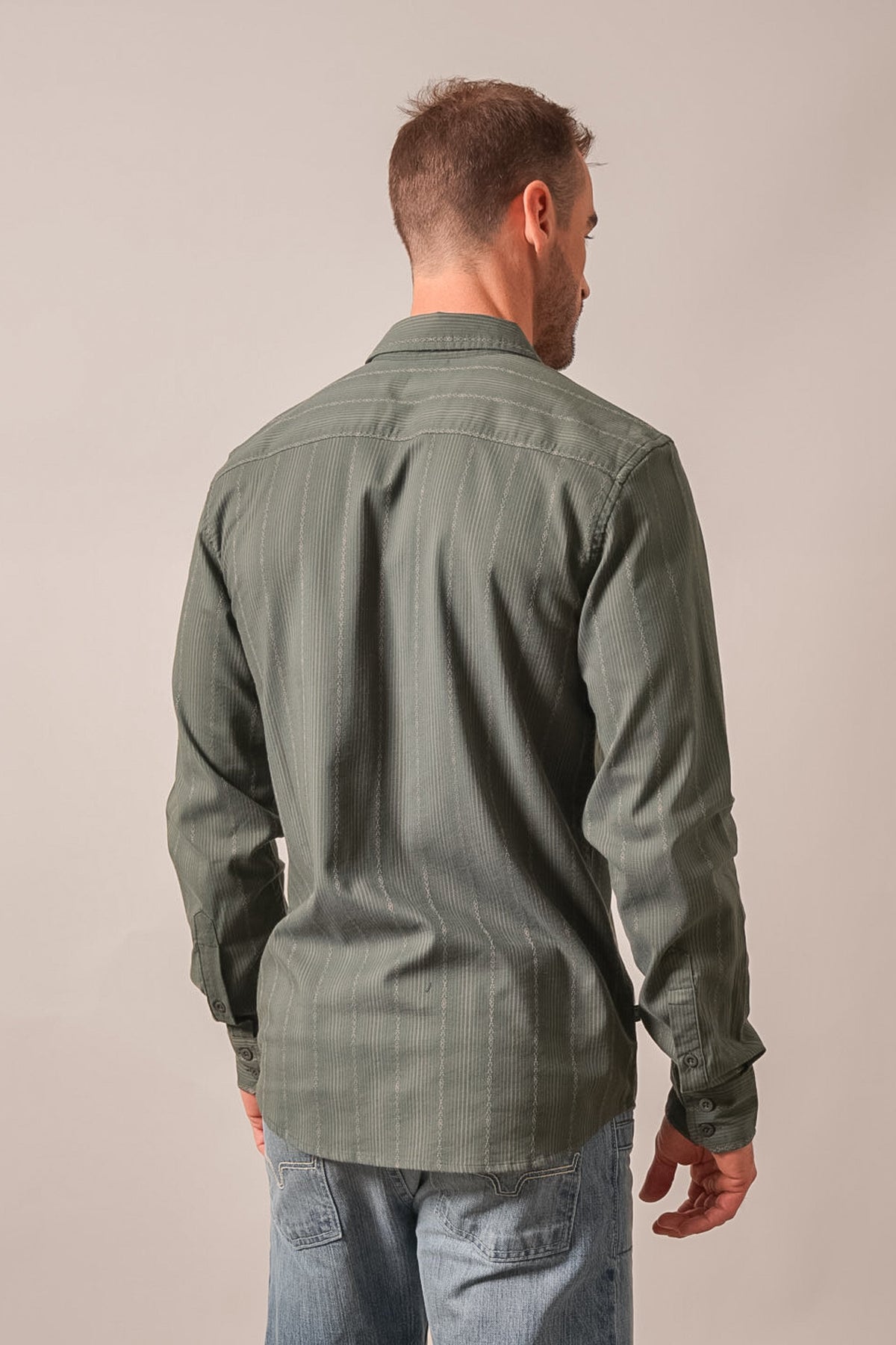 Kimes Ranch Hanover long sleeve button-down dress shirt in Forest, shown from back view