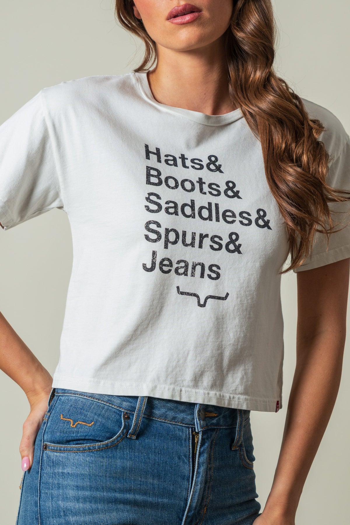 Kimes Ranch Hats & Boots t-shirt in Natural featuring text and stirrup graphic