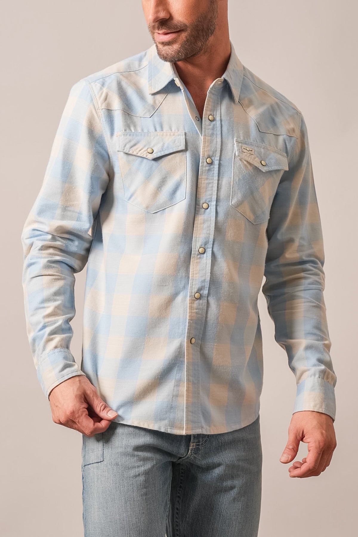 Kimes Ranch Jonez Mid Blue check long-sleeve western shirt with two chest pockets and logo on left pocket