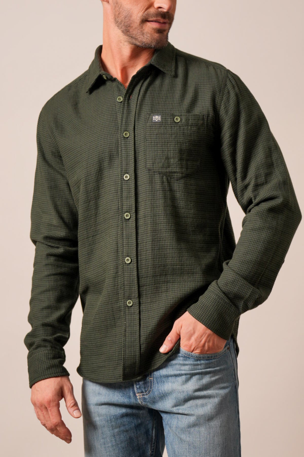 Kimes Ranch Kelso dress shirt in forest green with small check pattern, long sleeves, and chest pocket