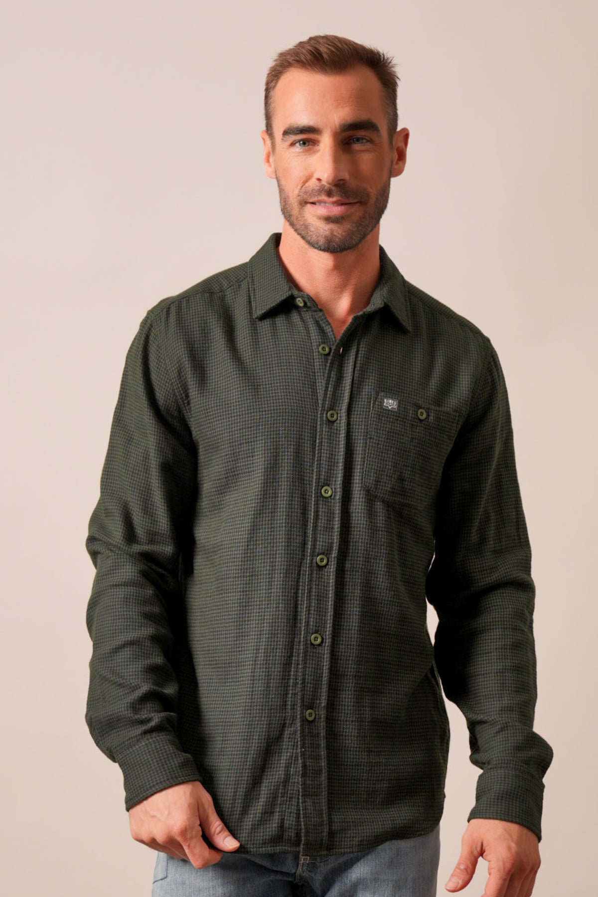 Kimes Ranch Kelso dress shirt in forest, long sleeves, button front, chest pocket, Kimes Ranch logo patch