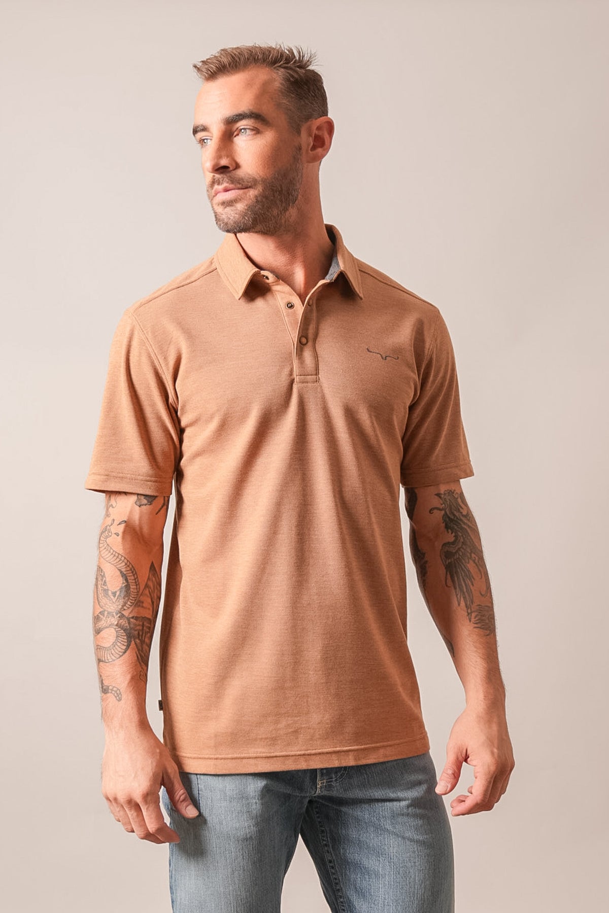 Kimes Ranch Kingsley brown heather polo shirt with short sleeves and logo on chest