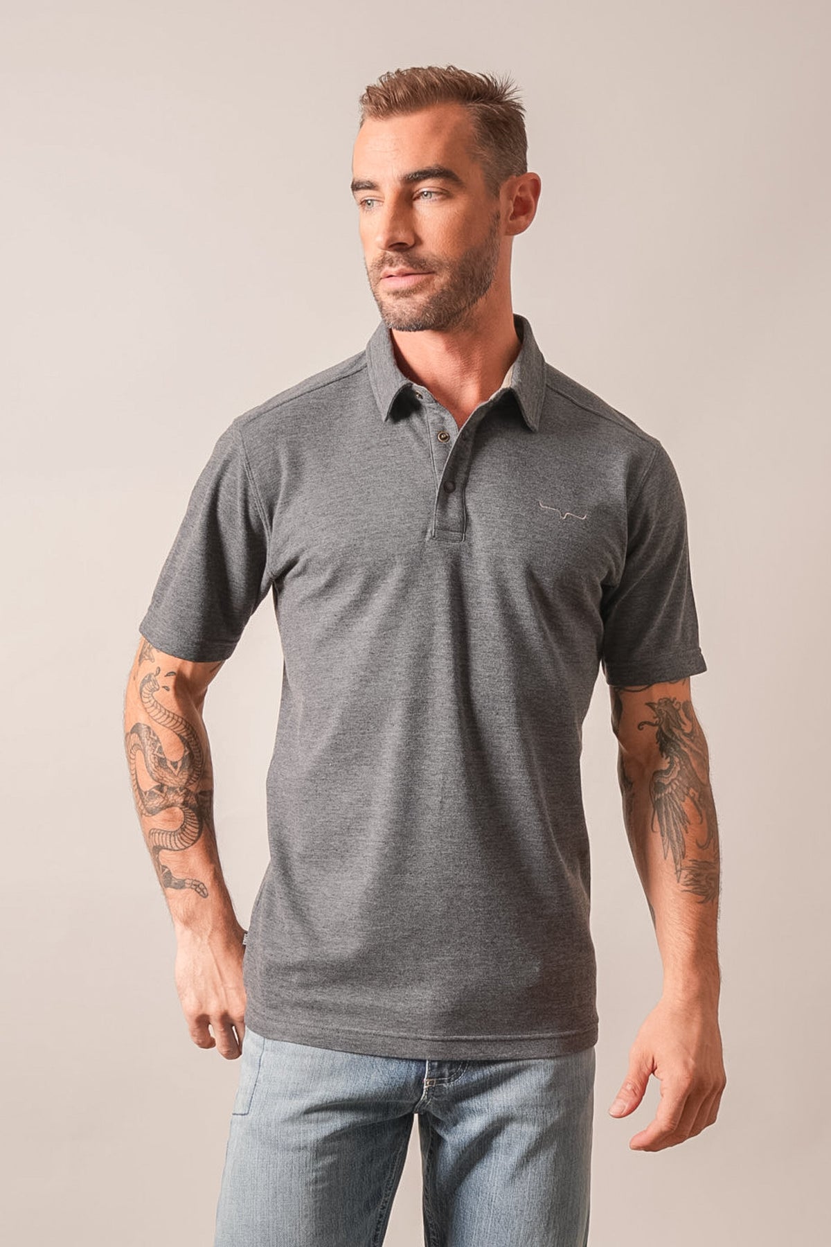Kimes Ranch Kingsley charcoal heather polo, short sleeve, button placket, chest logo