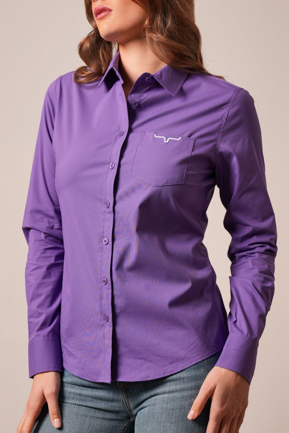 Kimes Ranch KR Team Shirt in purple, long sleeve, button-up, with embroidered Kimes Ranch logo on chest pocket